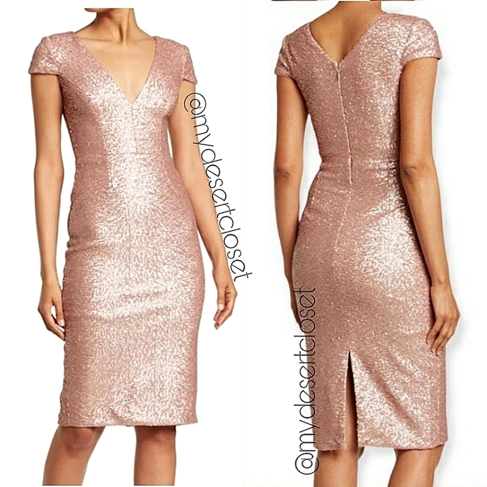 Dress The Population Mae Sequins Elegant Feminine Knee-Length Dress In Rosegold